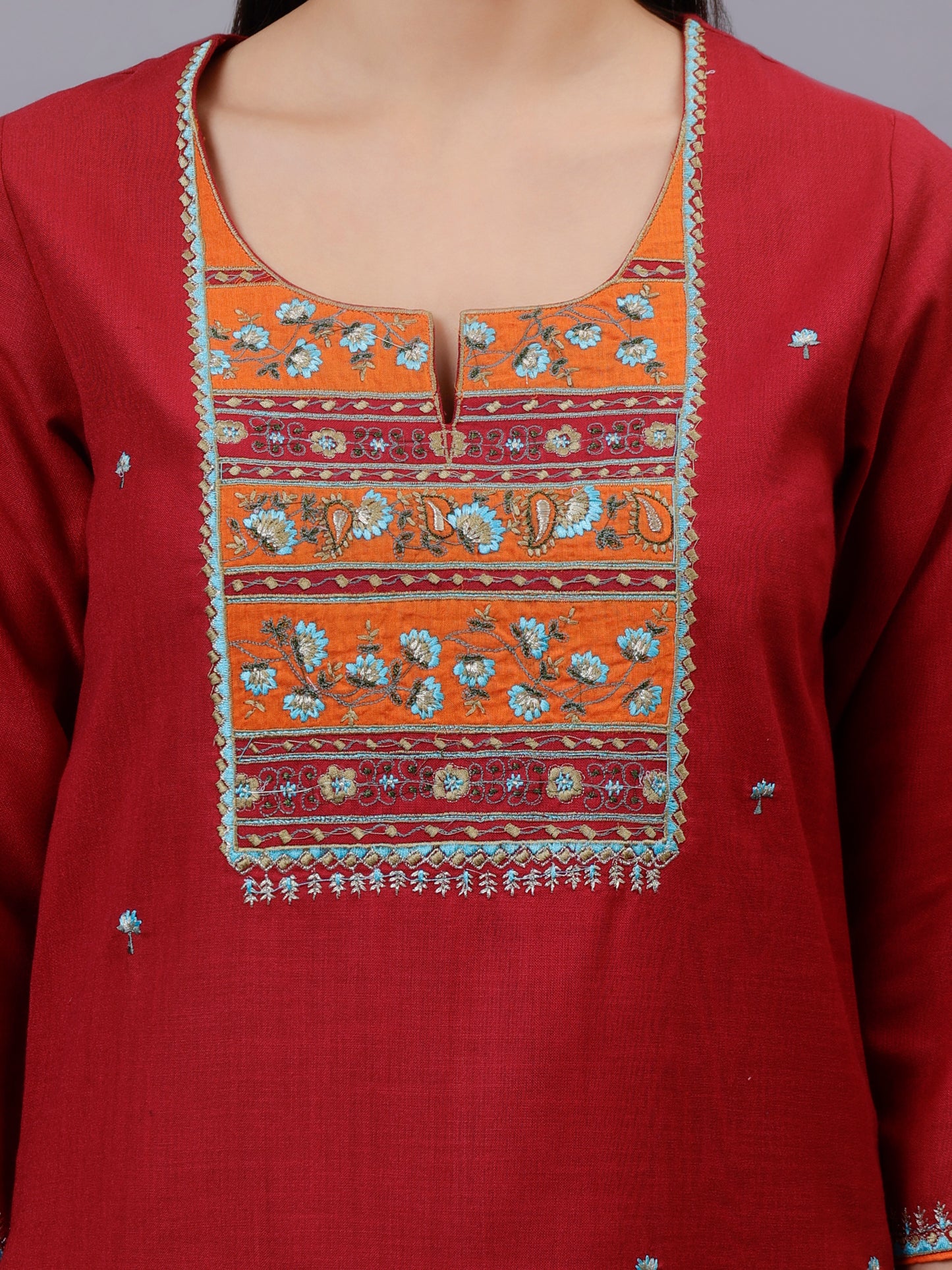 Rust A-Line Embroidered Neck Kurta