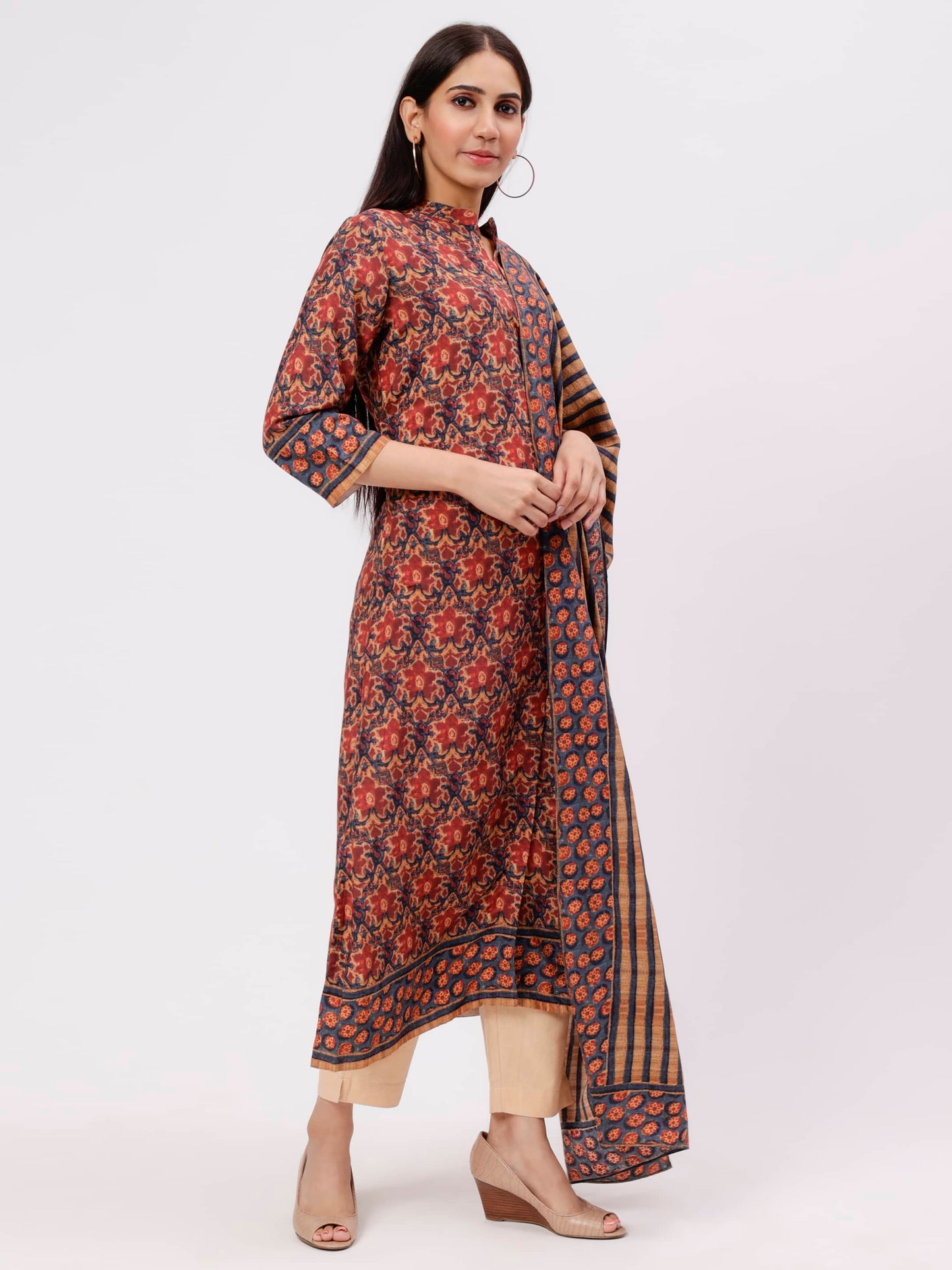 Rust A-Line Kurta And Dupatta