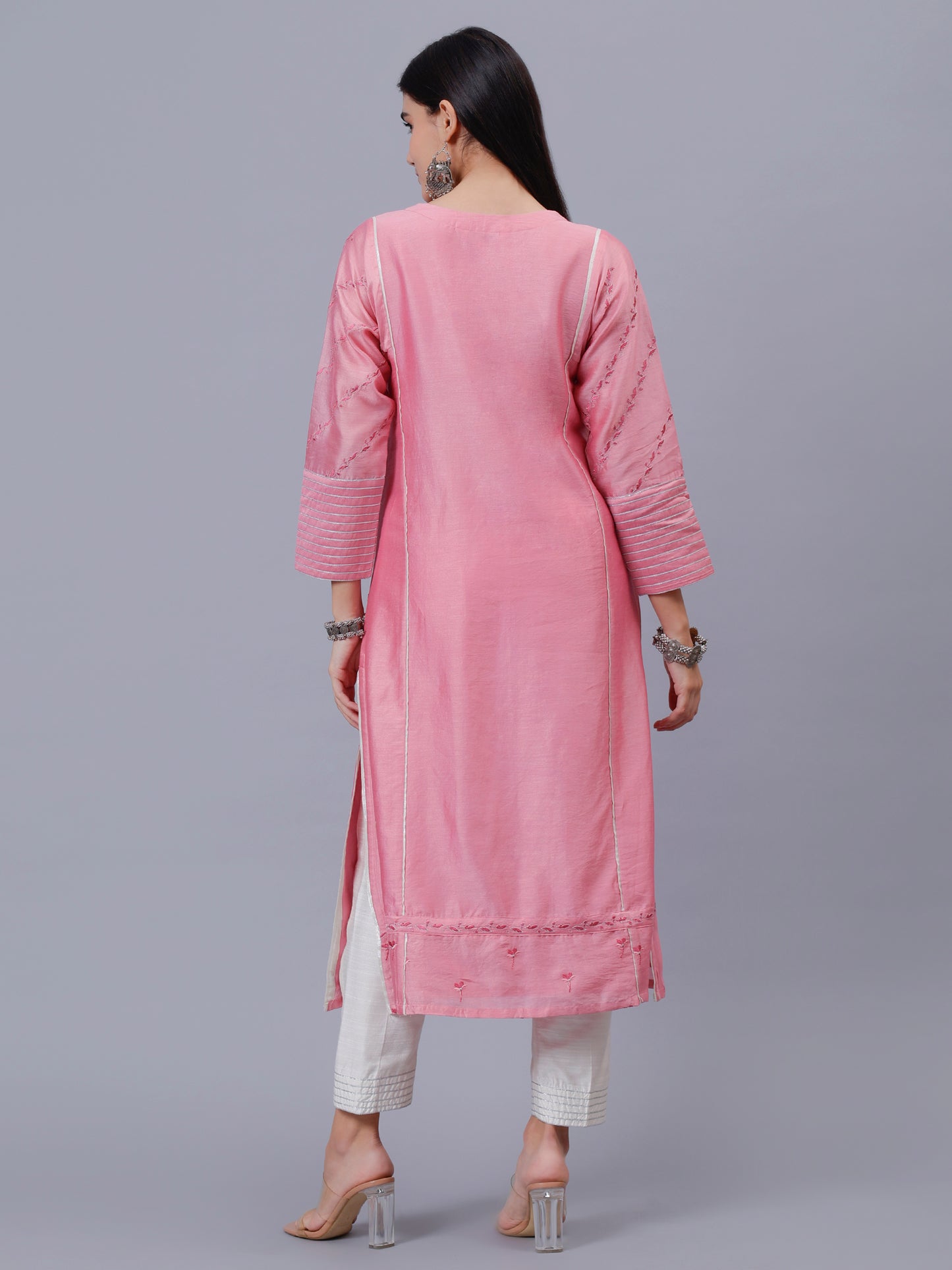 Baby Pink Kalidar Kurta With Silver thread Work