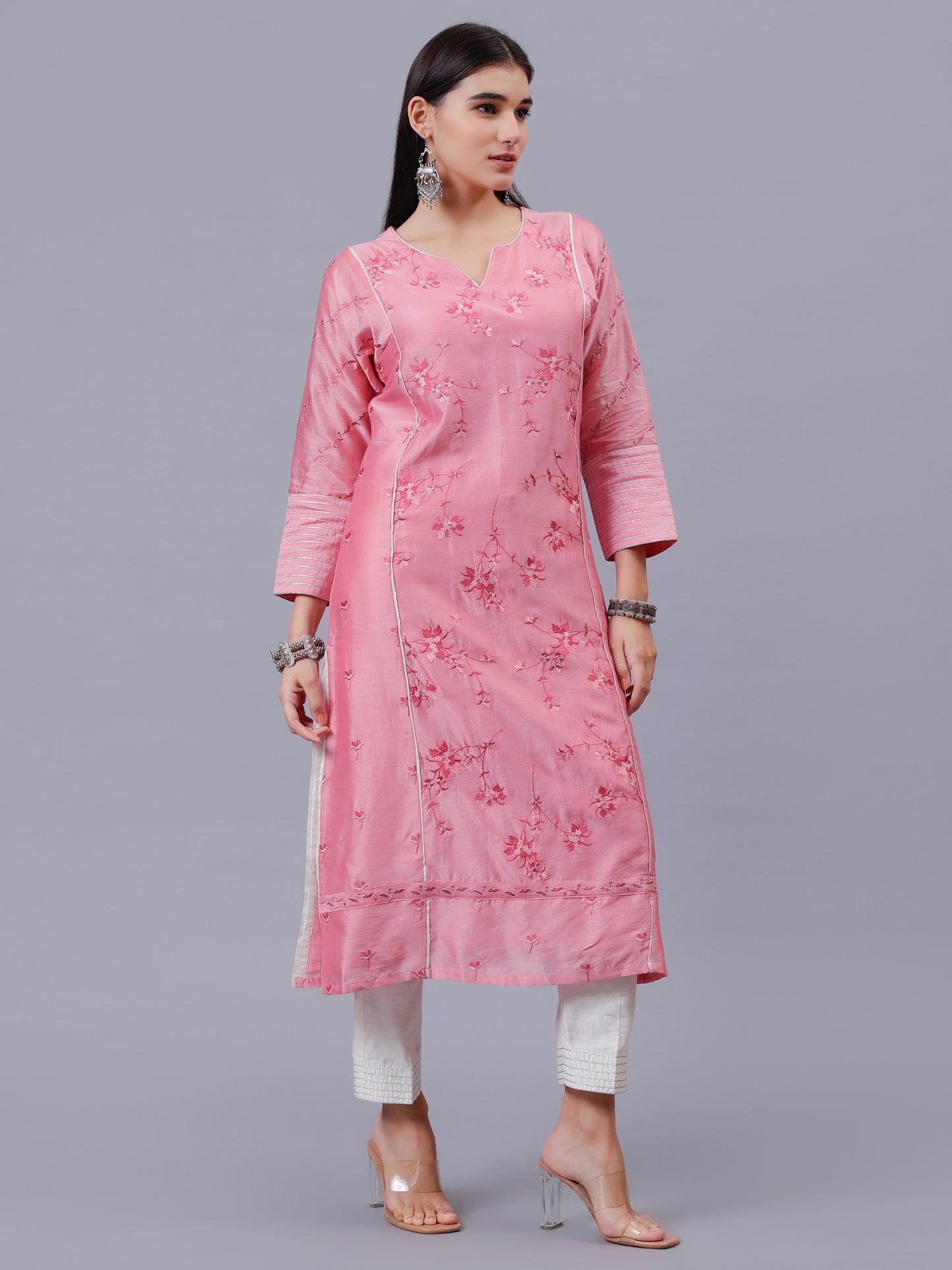 Baby Pink Kalidar Kurta With Silver thread Work