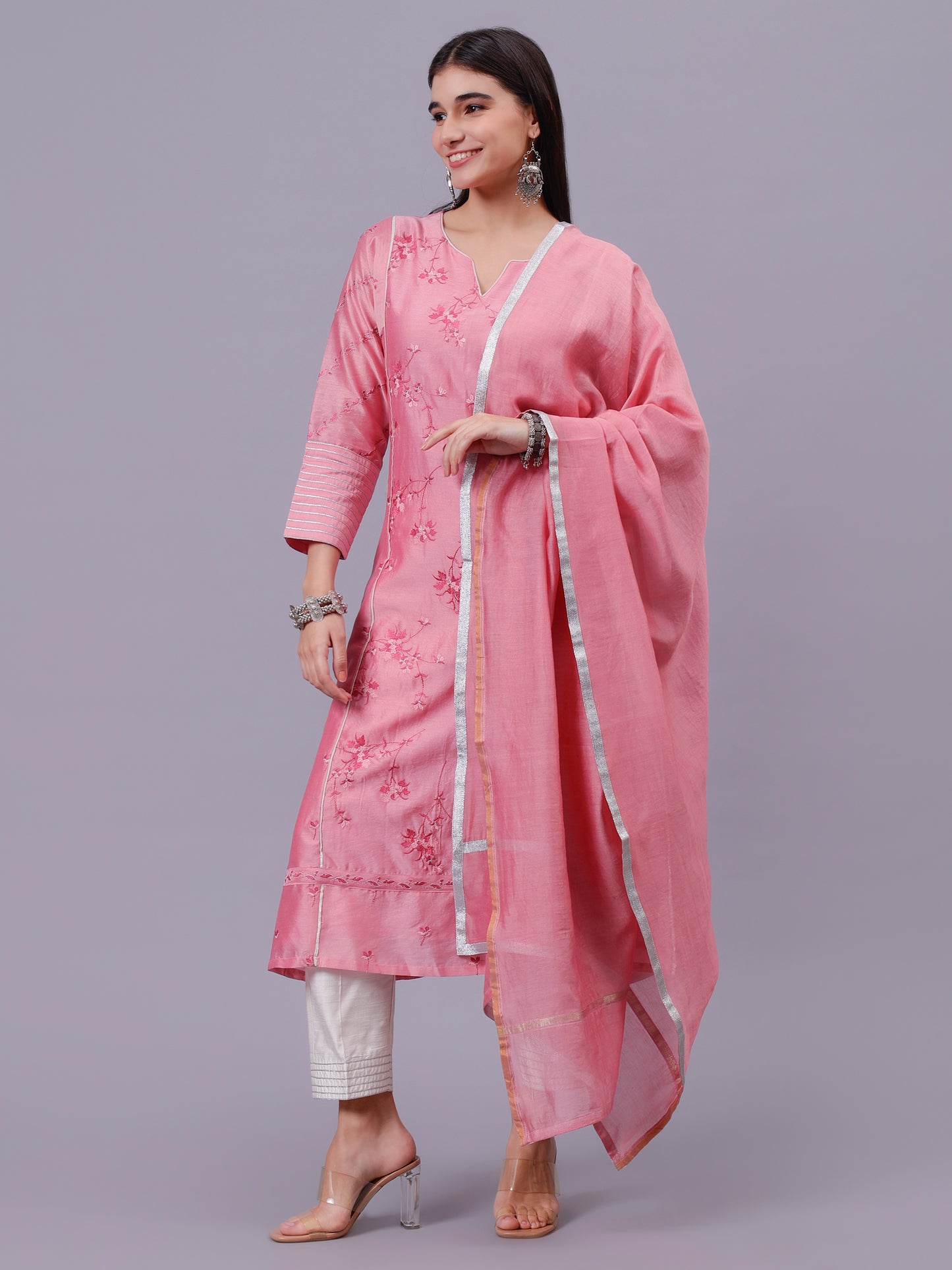Baby Pink Kalidar Kurta With Silver thread Work