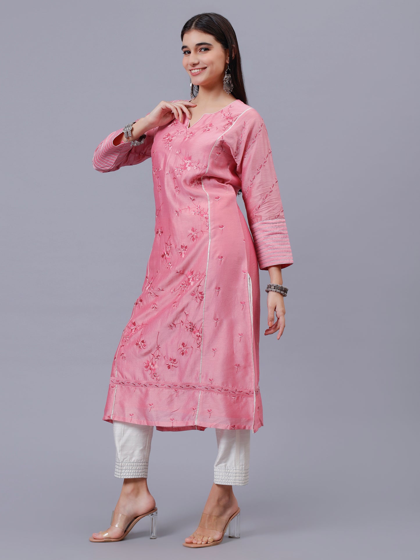 Baby Pink Kalidar Kurta With Silver thread Work