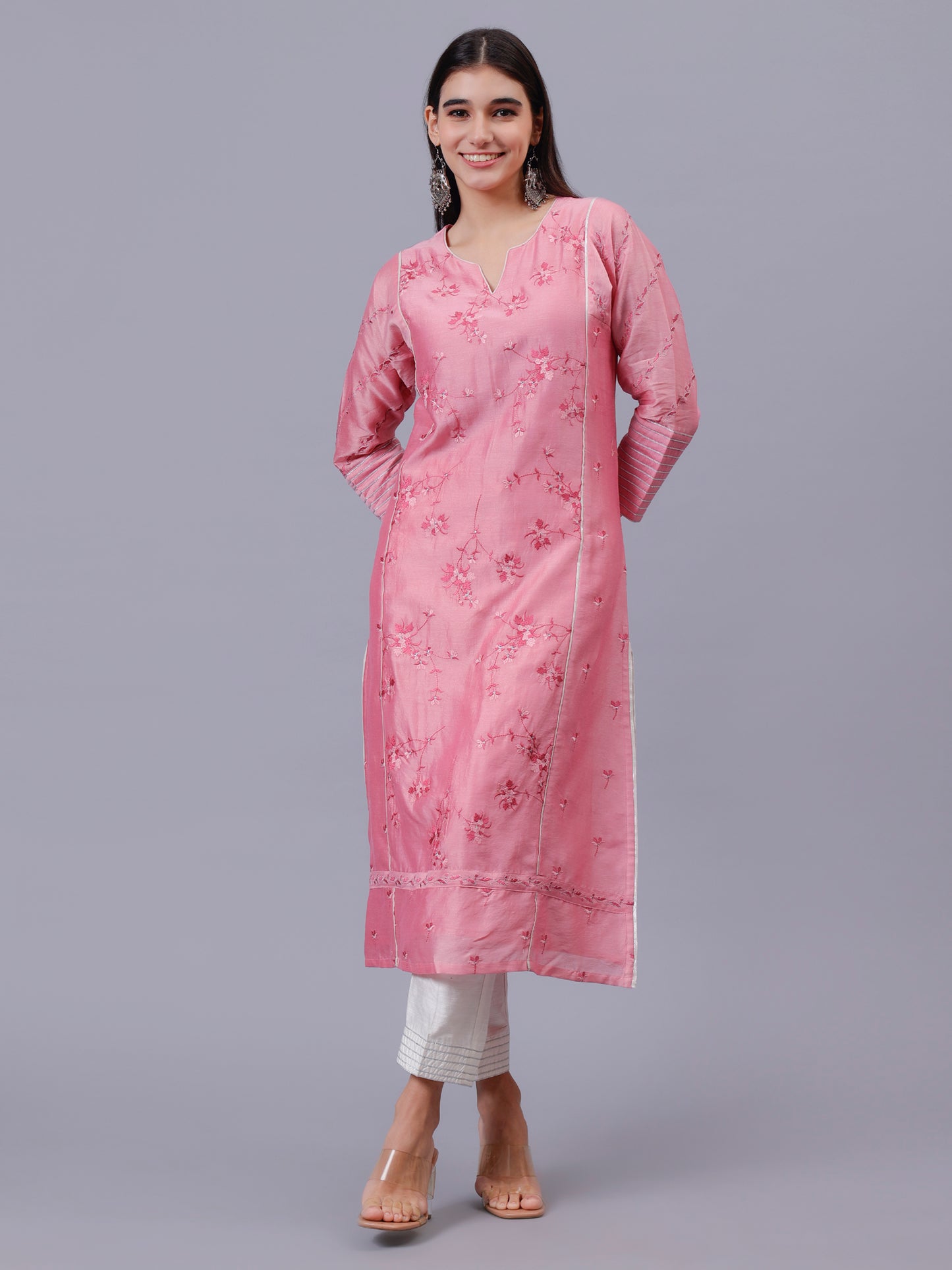 Baby Pink Kalidar Kurta With Silver thread Work
