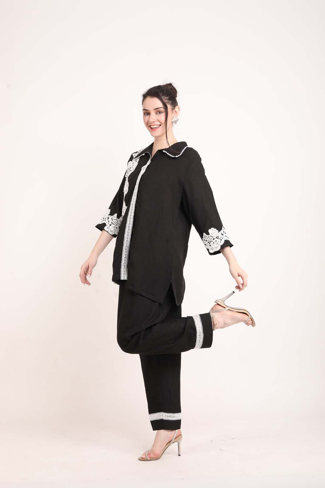 Black Linen Western Co-Ord Set With Lace UCEN22173