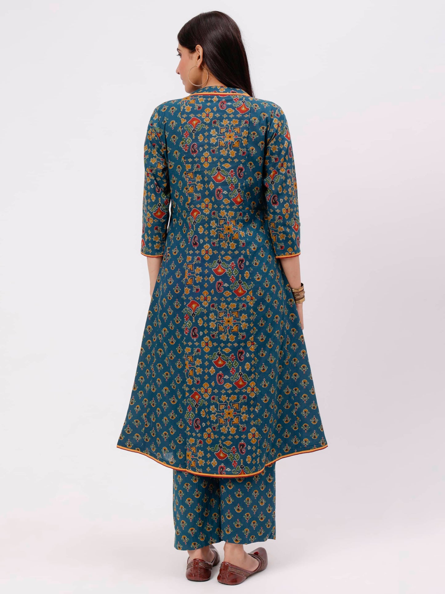 bottle-green-ajarak-printe-kalidaar-kurta-back