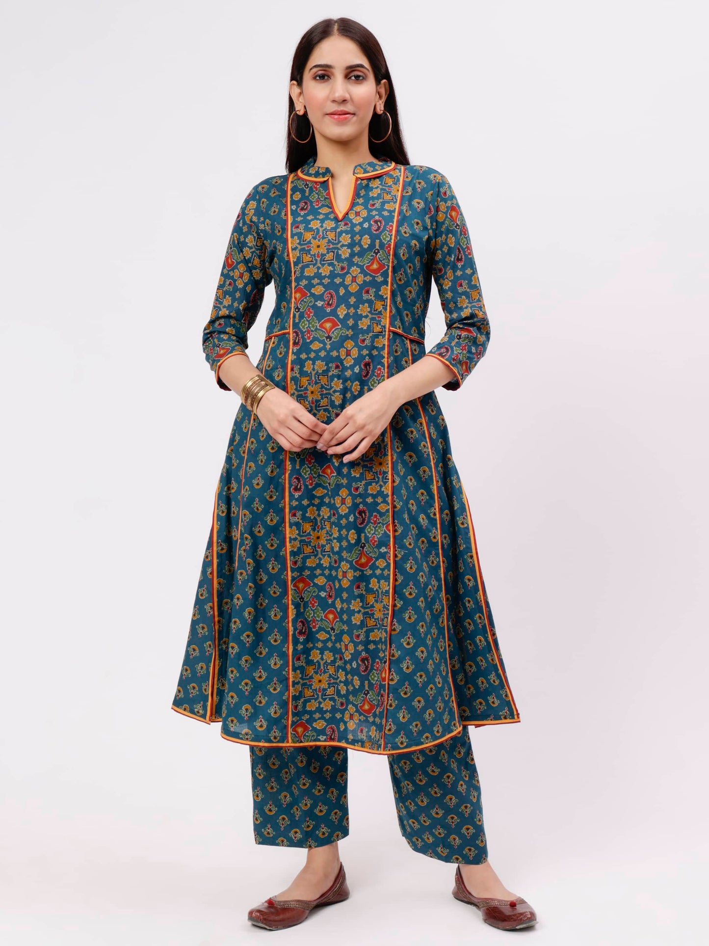 bottle-green-ajarak-printe-kalidaar-kurta-front-with-out-dupatta