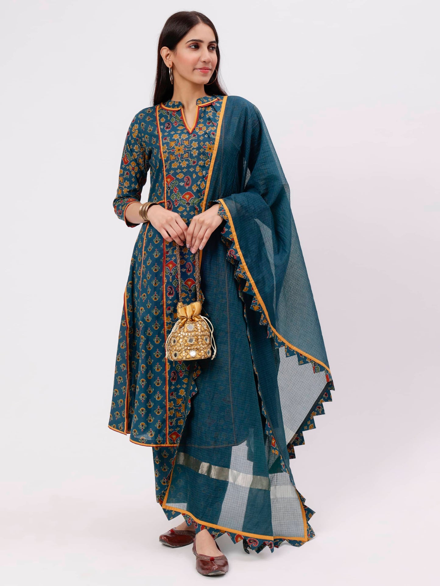 Bottle Green Ajarak Print Kalidaar Kurta UCK22178