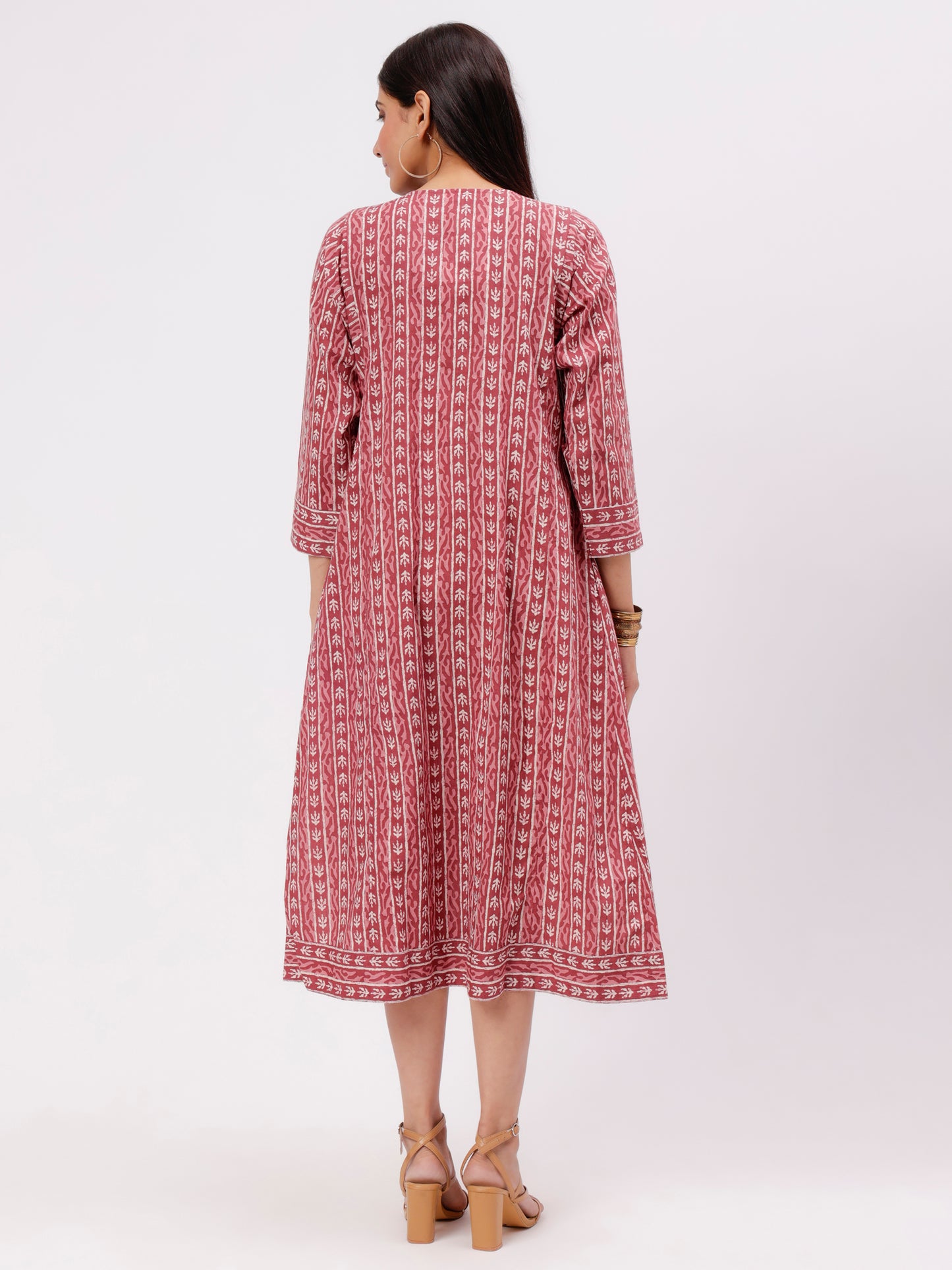 Chestnut Colored Printed Calf Length Pleated Dress in Soft cotton