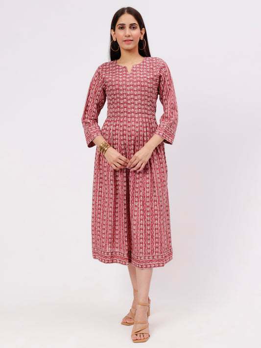 Chestnut Colored Printed Calf Length Pleated Dress in Soft cotton
