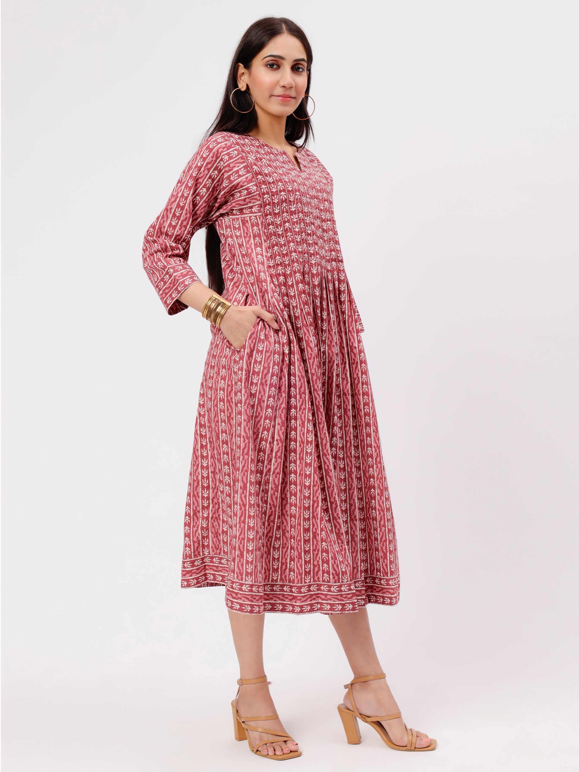 Chestnut Colored Printed Calf Length Pleated Dress in Soft cotton