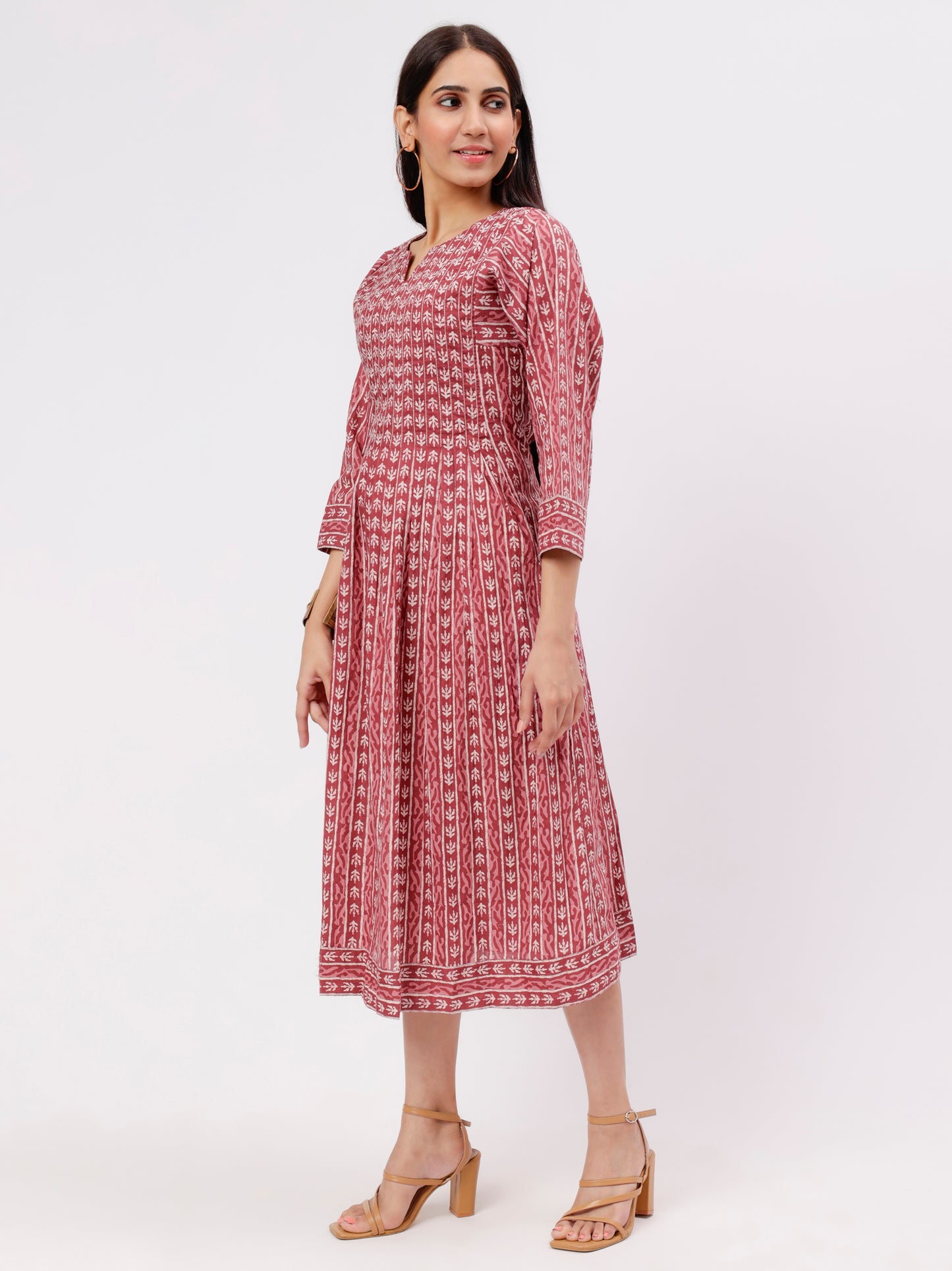 Chestnut Colored Printed Calf Length Pleated Dress in Soft cotton