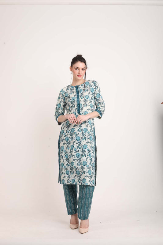 Cream Floral Printed Straight Kurta UCK22176