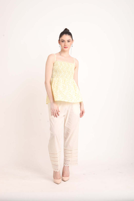 Lemon Yellow Printed Spaghetti Peplum Top UCEN22170