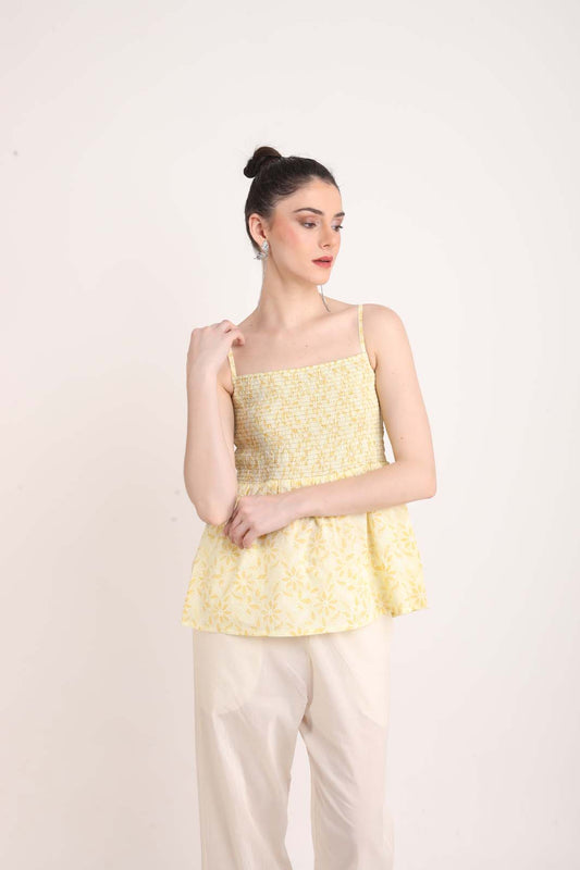 Lemon Yellow Printed Spaghetti Peplum Top UCEN22170