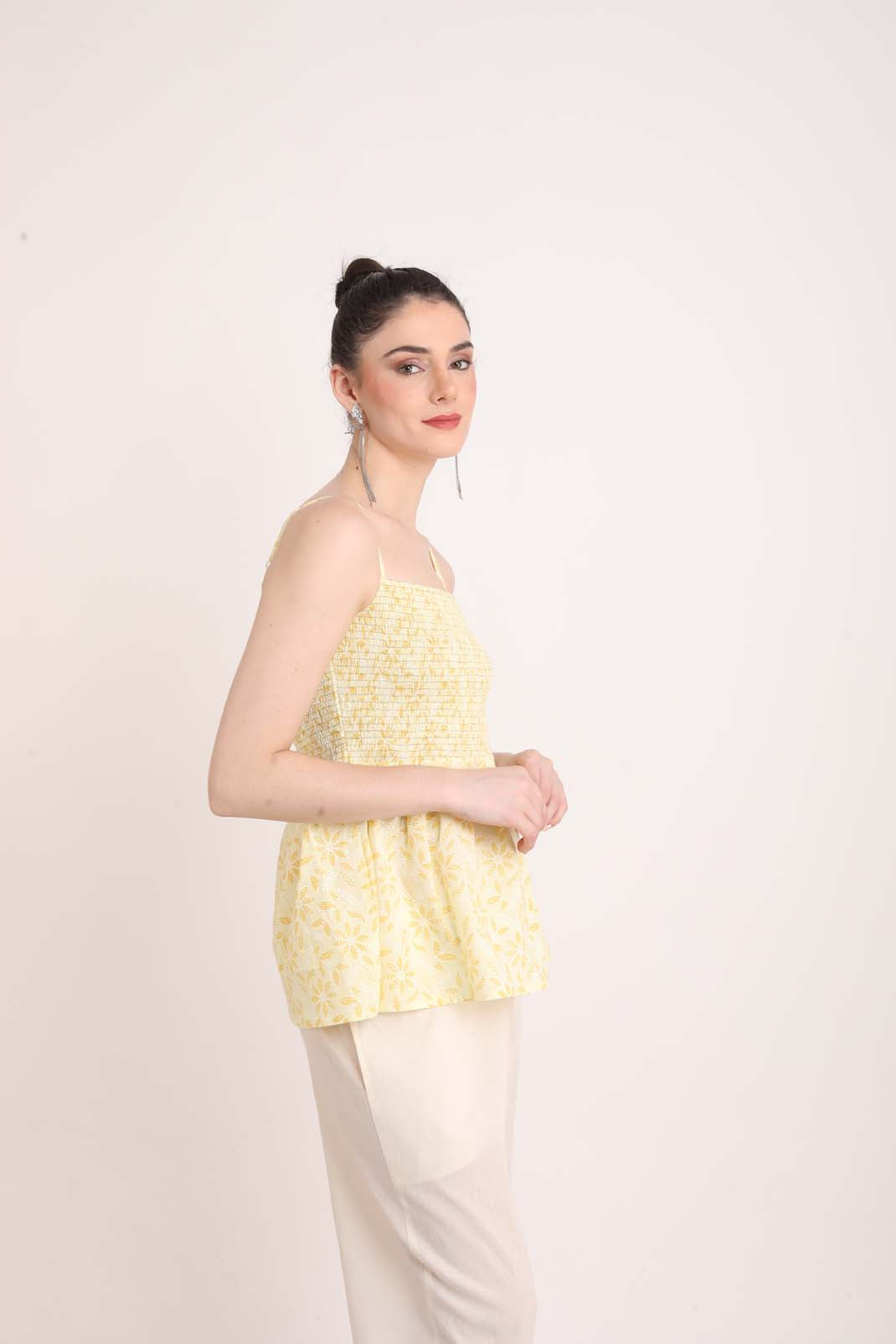 Lemon Yellow Printed Spaghetti Peplum Top UCEN22170