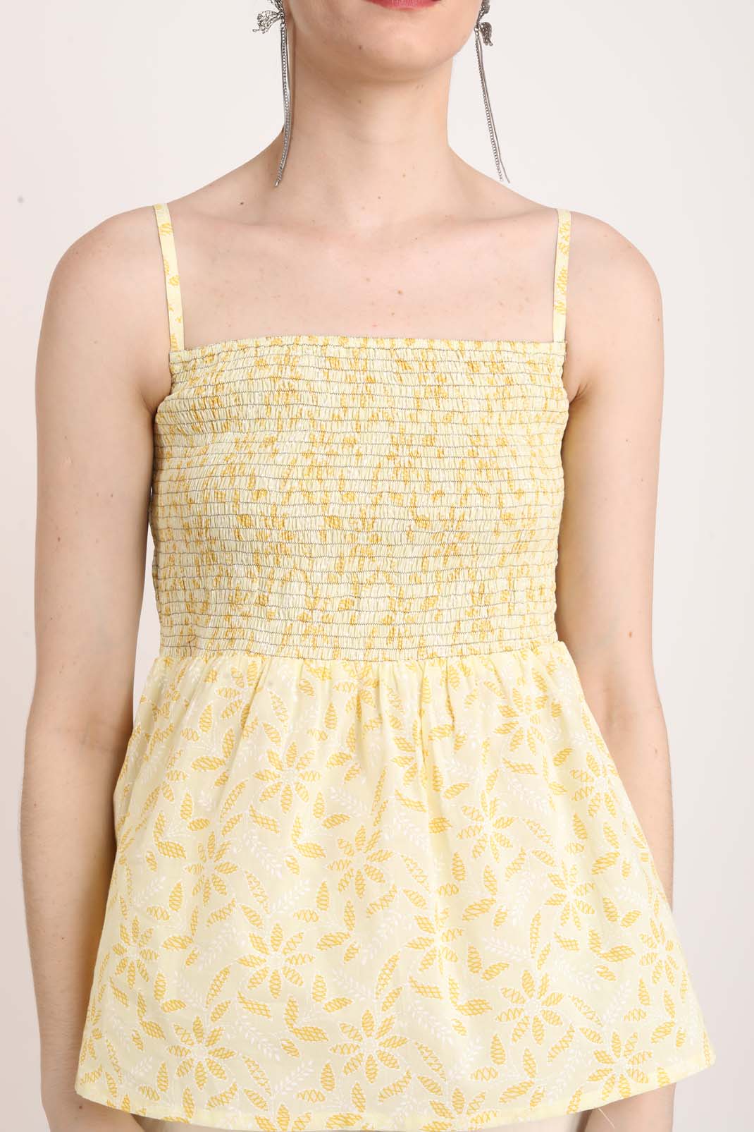 Lemon Yellow Printed Spaghetti Peplum Top UCEN22170