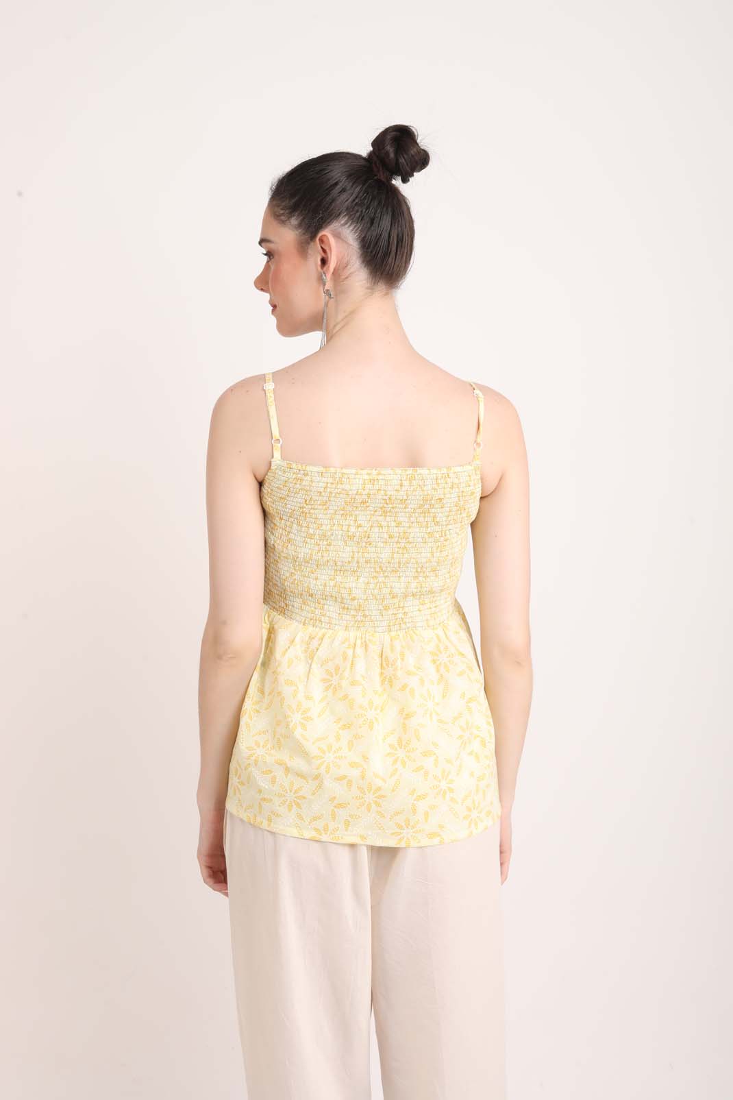 Lemon Yellow Printed Spaghetti Peplum Top UCEN22170