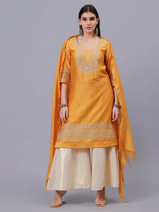Mustard Chnaderi Hand Embroidered Kurta