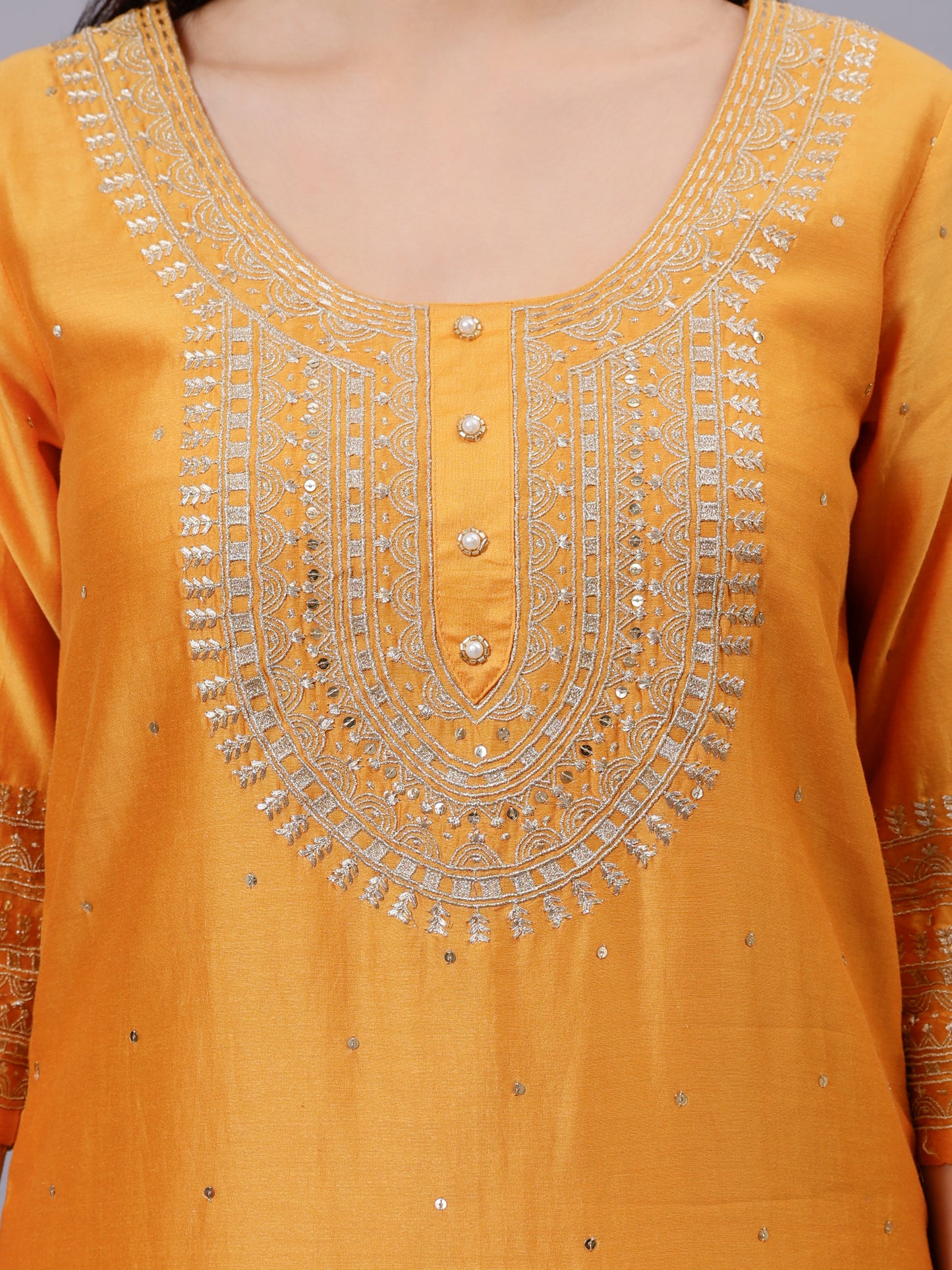 Mustard Chnaderi Hand Embroidered Kurta