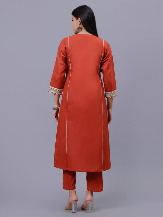 Rust Cotton Matka Embroidered Kalidar Kurta