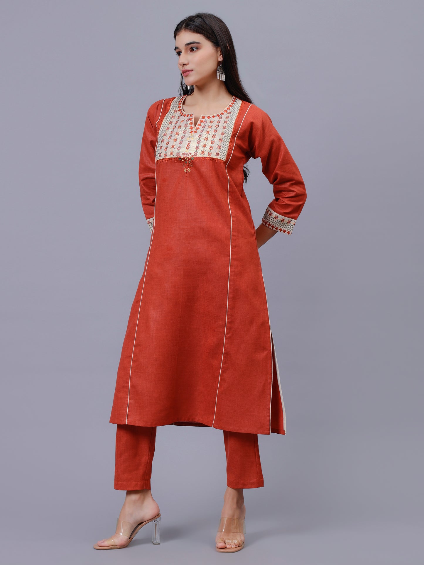 Rust Cotton Matka Embroidered Kalidar Kurta