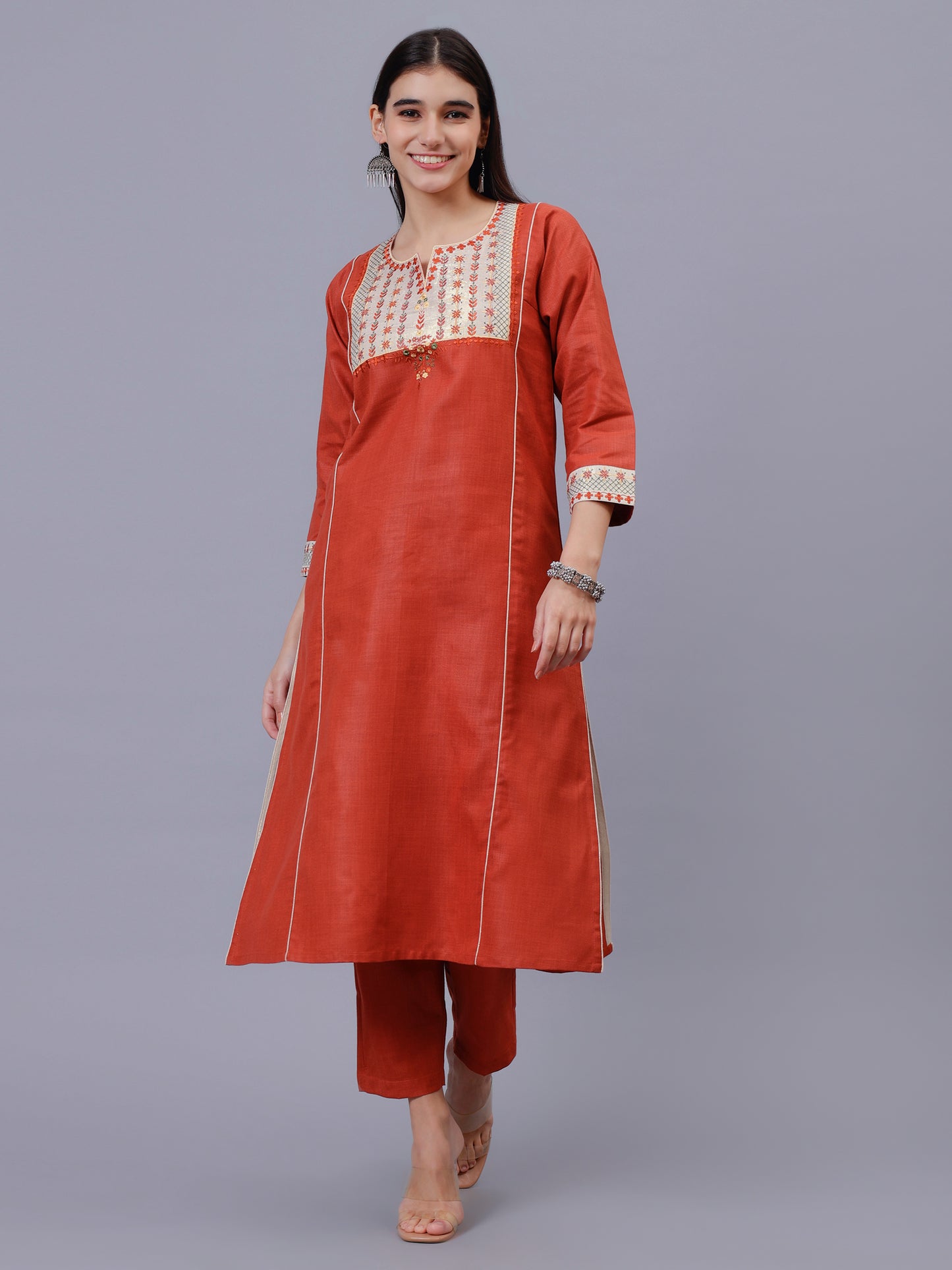 Rust Cotton Matka Embroidered Kalidar Kurta