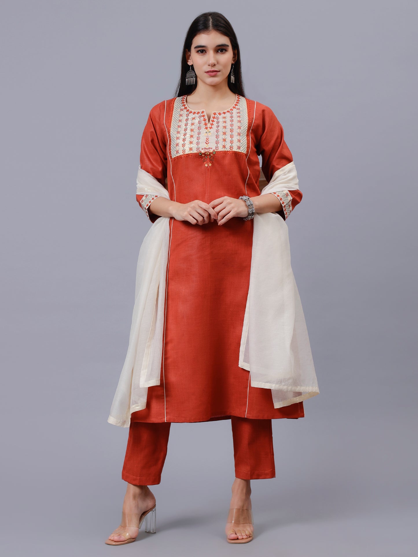 Rust Cotton Matka Embroidered Kalidar Kurta