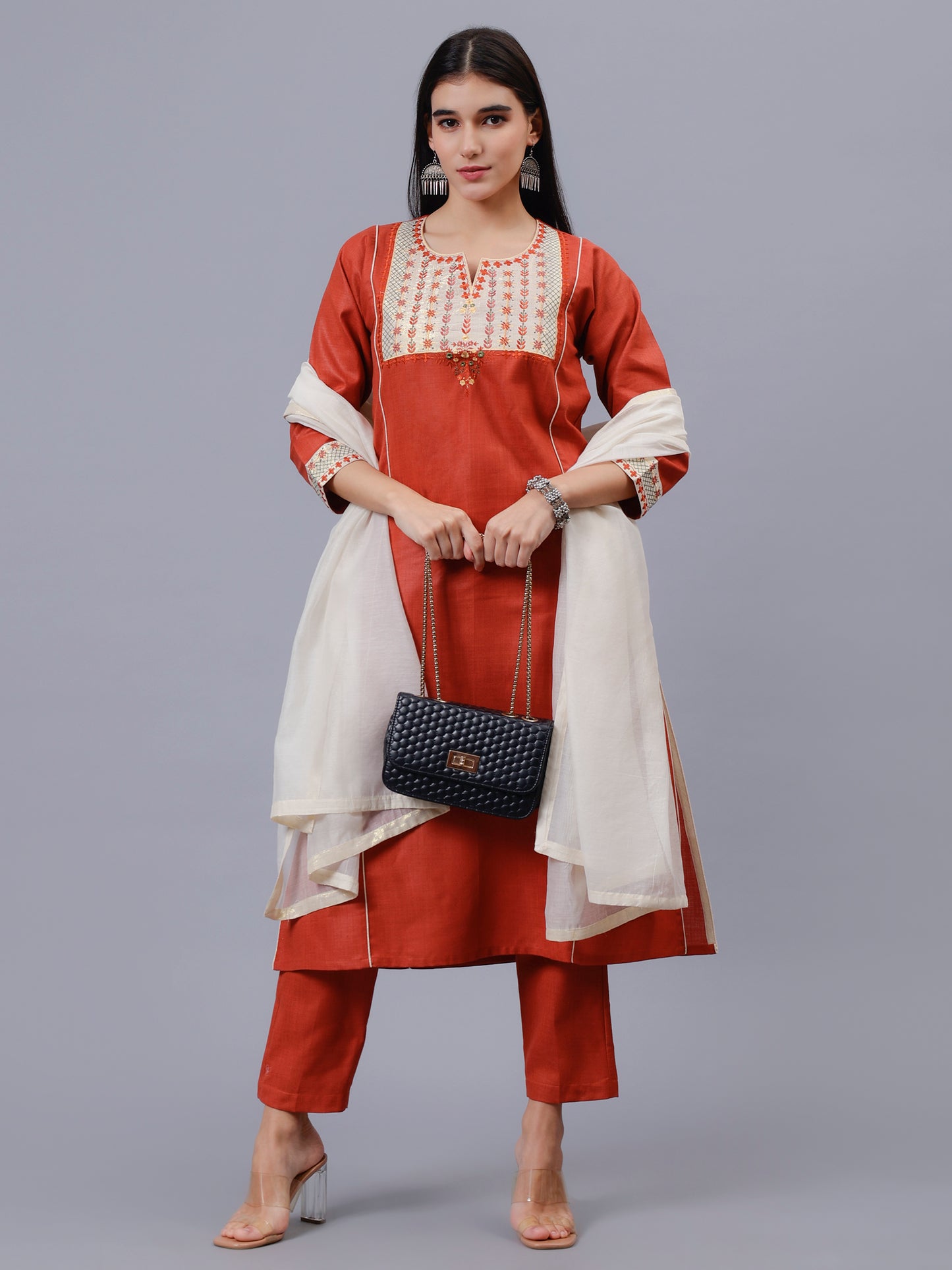 Rust Cotton Matka Embroidered Kalidar Kurta