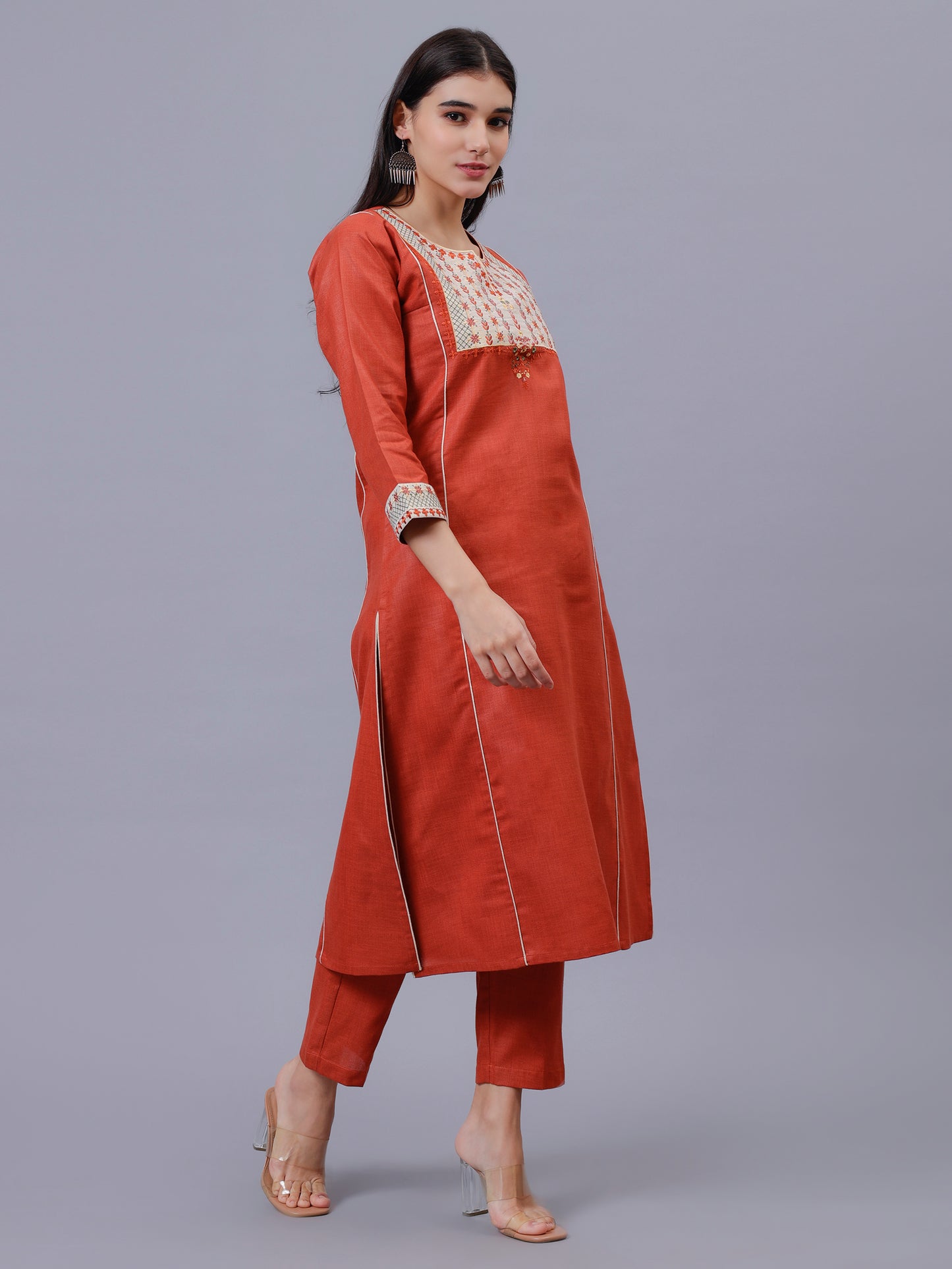 Rust Cotton Matka Embroidered Kalidar Kurta