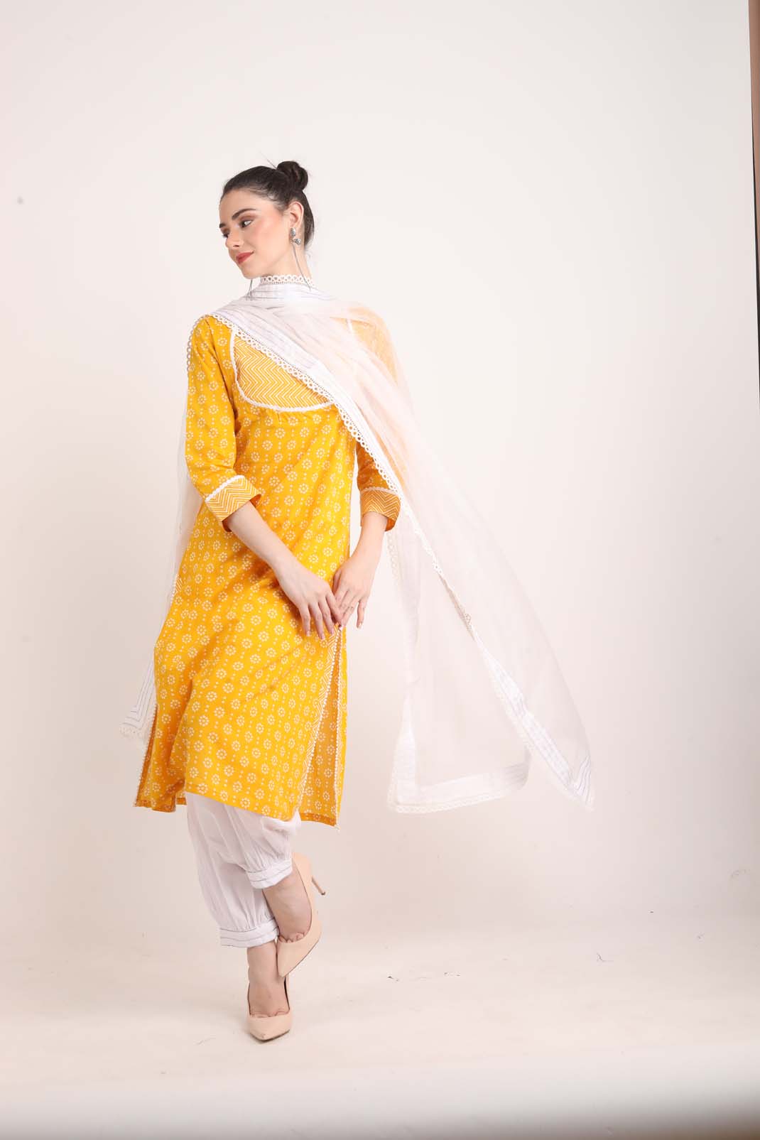 Ochre Yellow A Line Printed Kurta UCK22160