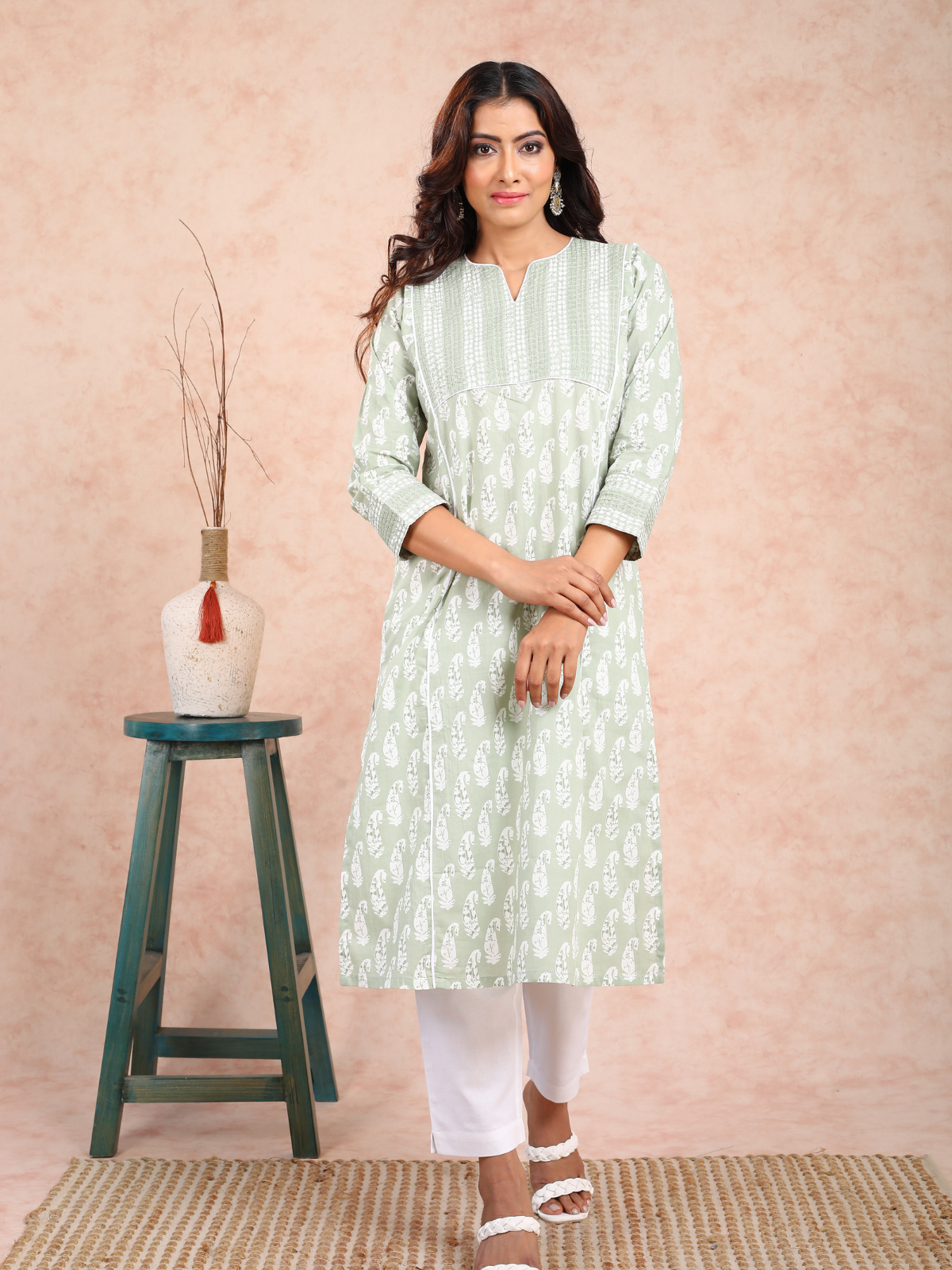 Green Paisley & Cream Print Adab Kurta UCK22119