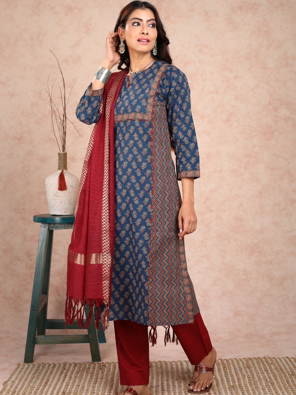 Blue Ajrakh Adab Style Kurta UCK22129