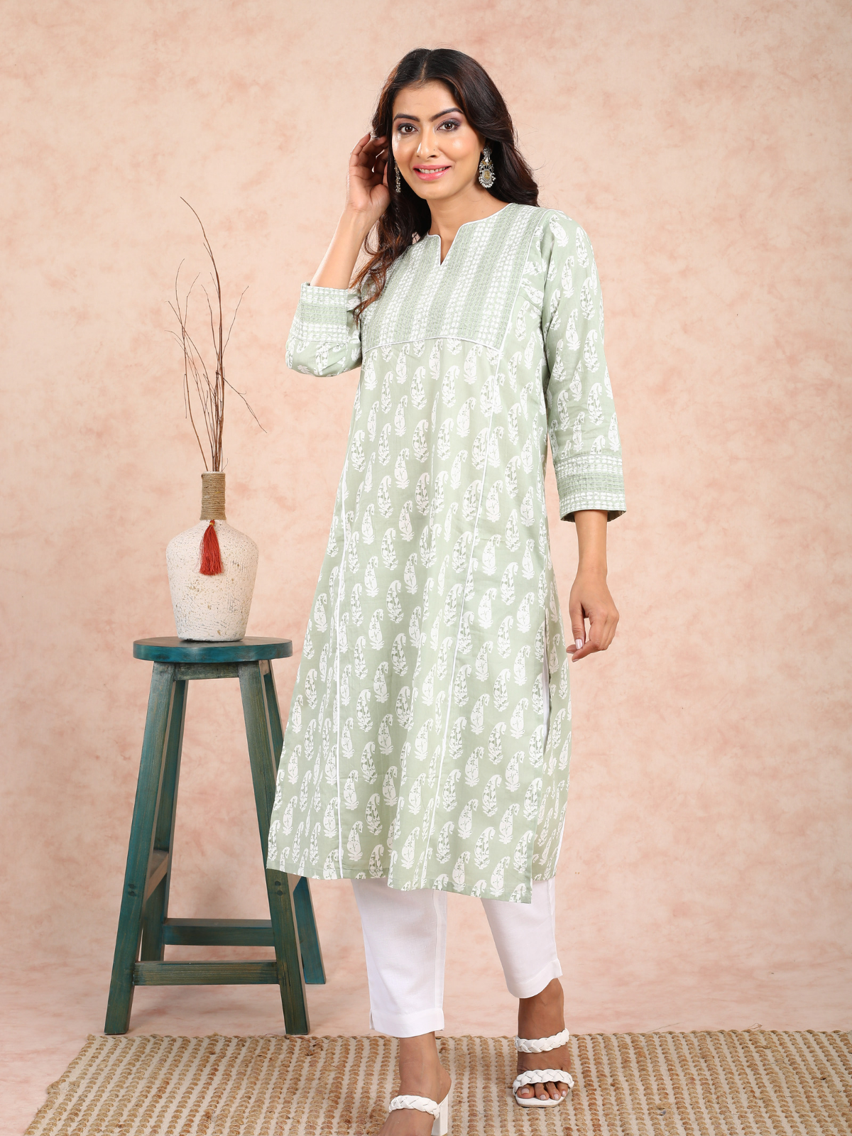 Green Paisley & Cream Print Adab Kurta UCK22119