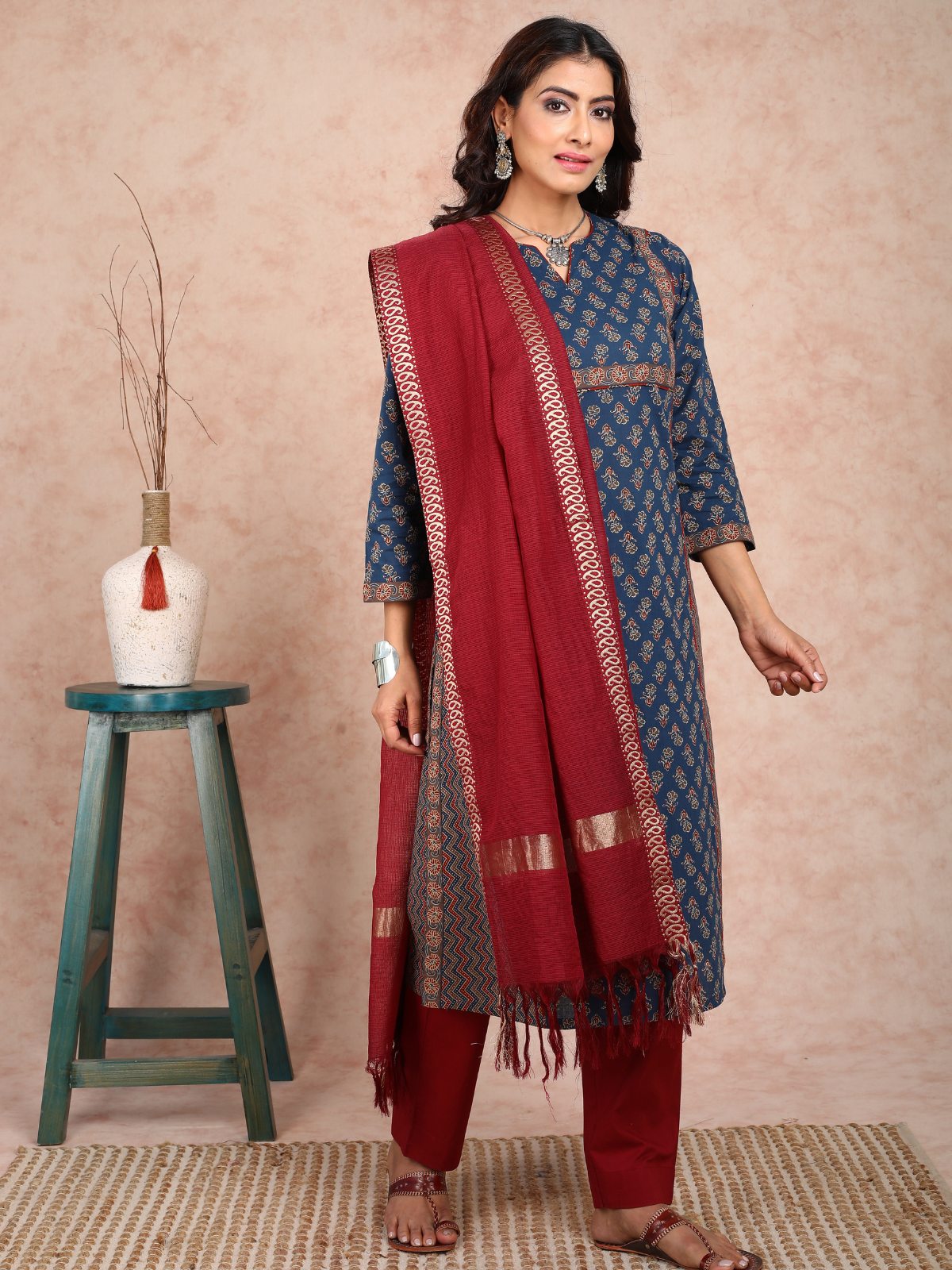 Blue Ajrakh Adab Style Kurta UCK22129