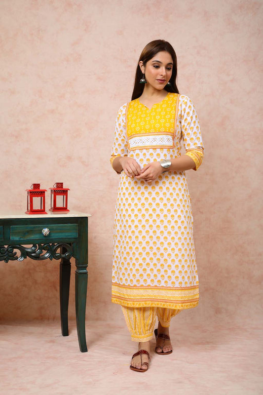 White & Yellow Floral Print Kurta UCK22088
