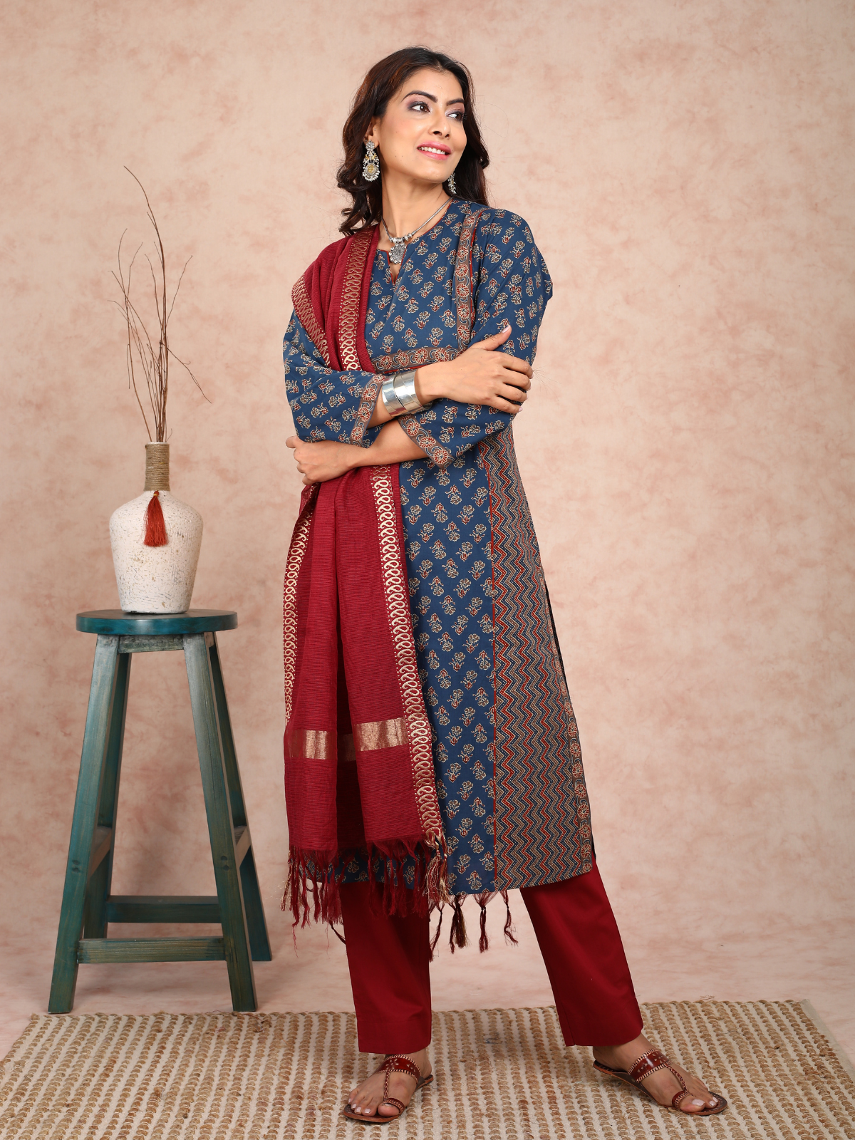 Blue Ajrakh Adab Style Kurta UCK22129