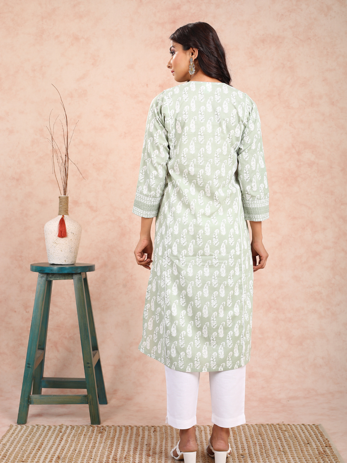 Green Paisley & Cream Print Adab Kurta UCK22119
