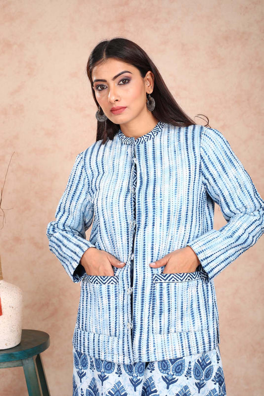 Indigo Ikkat Quilted Reversible Jacket (With Sleeves) UCJ0005F