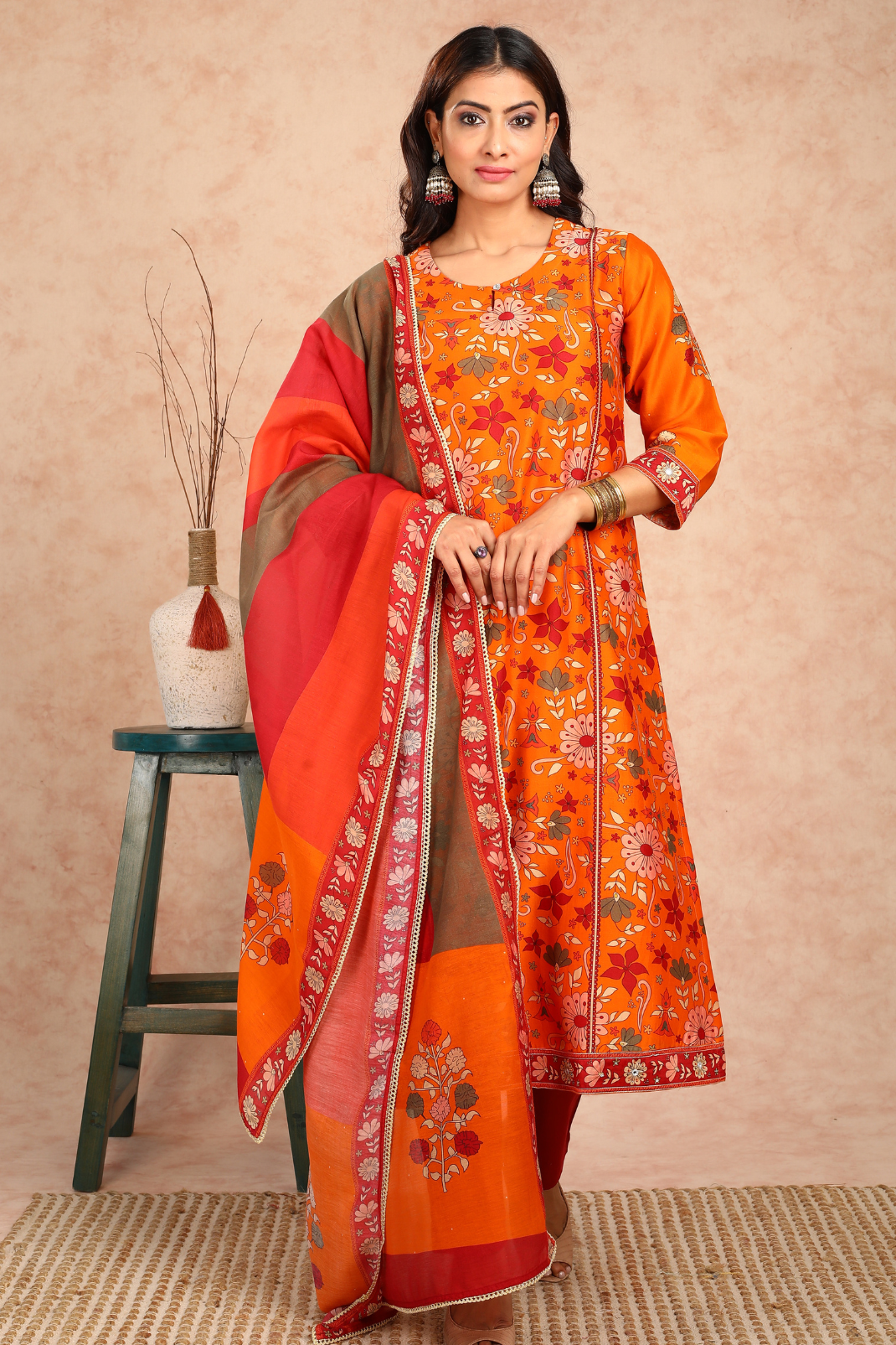 Ahilya Orange Floral Chanderi Kurta UCK22131