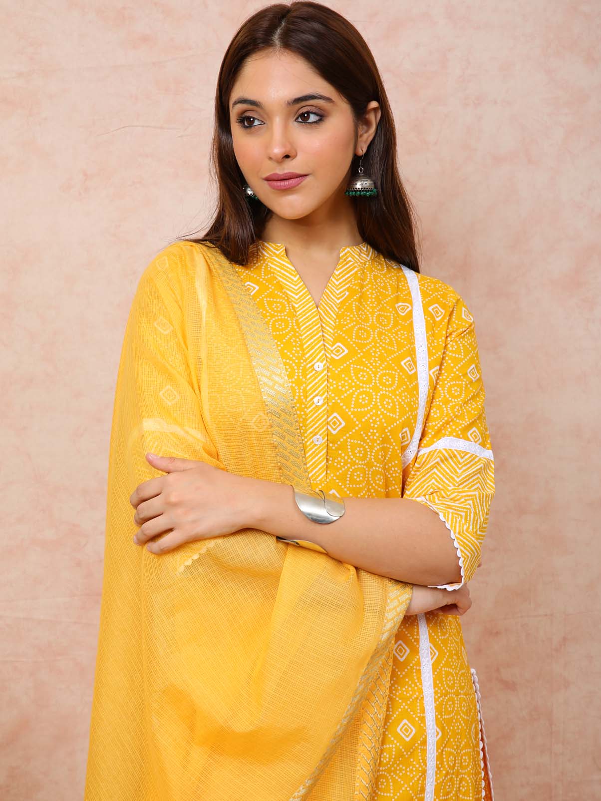 Bright Yellow Kurta With White Lace UCK22086