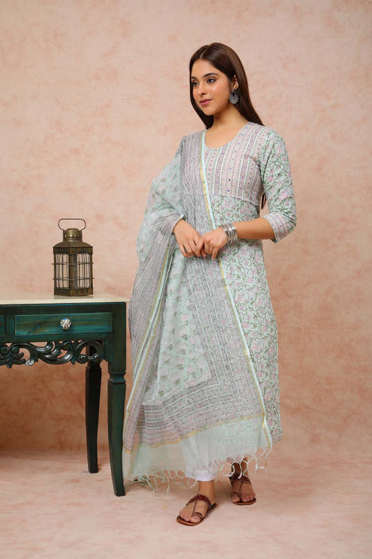 Mulmul Sea Green Mirror Work Kurta UCK22116