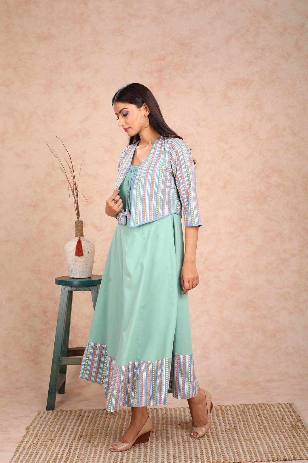 Green Solid Dress with Green Printed Bulero Jacket