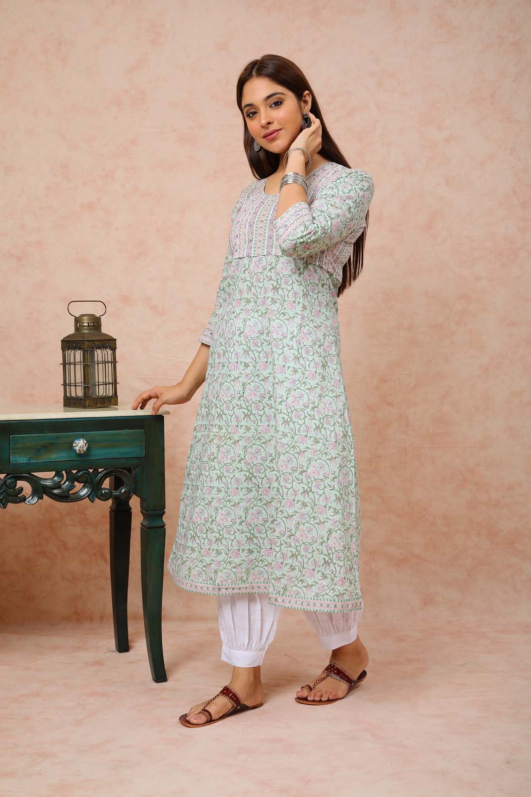 Mulmul Sea Green Mirror Work Kurta UCK22116