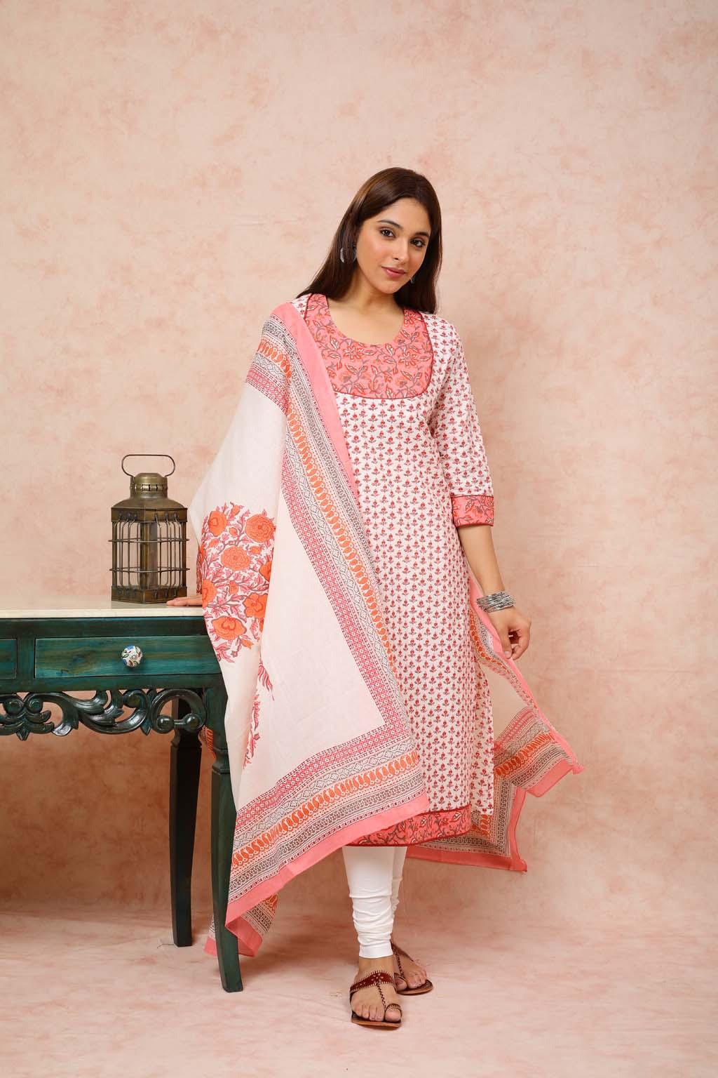 A-line White & Red Printed Kurta UCK22092 - Uniquestuff