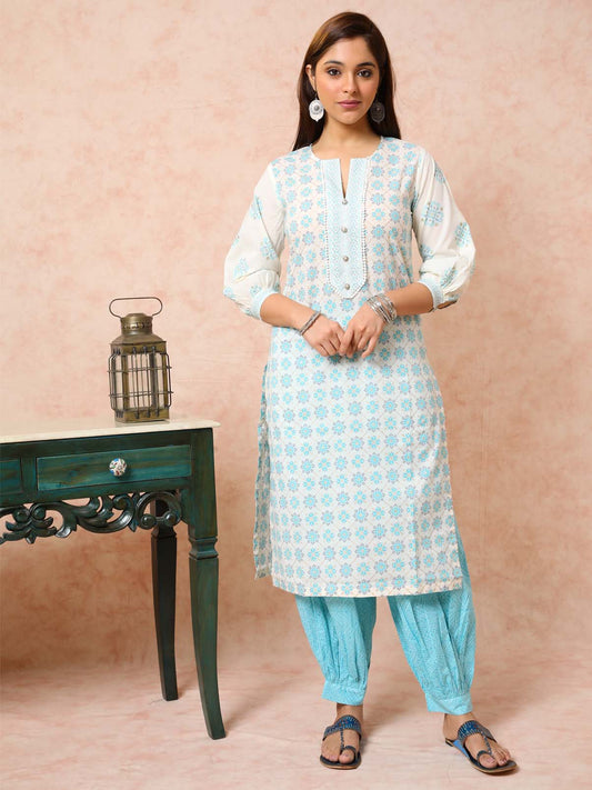 Blue & Cream Printed Straight Kurta UCK22080