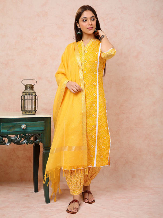 Bright Yellow Kurta With White Lace UCK22086
