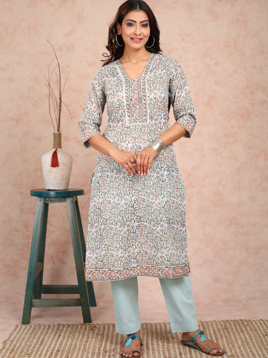 Powder Blue Print Mulmul Kurta Set UCK22126