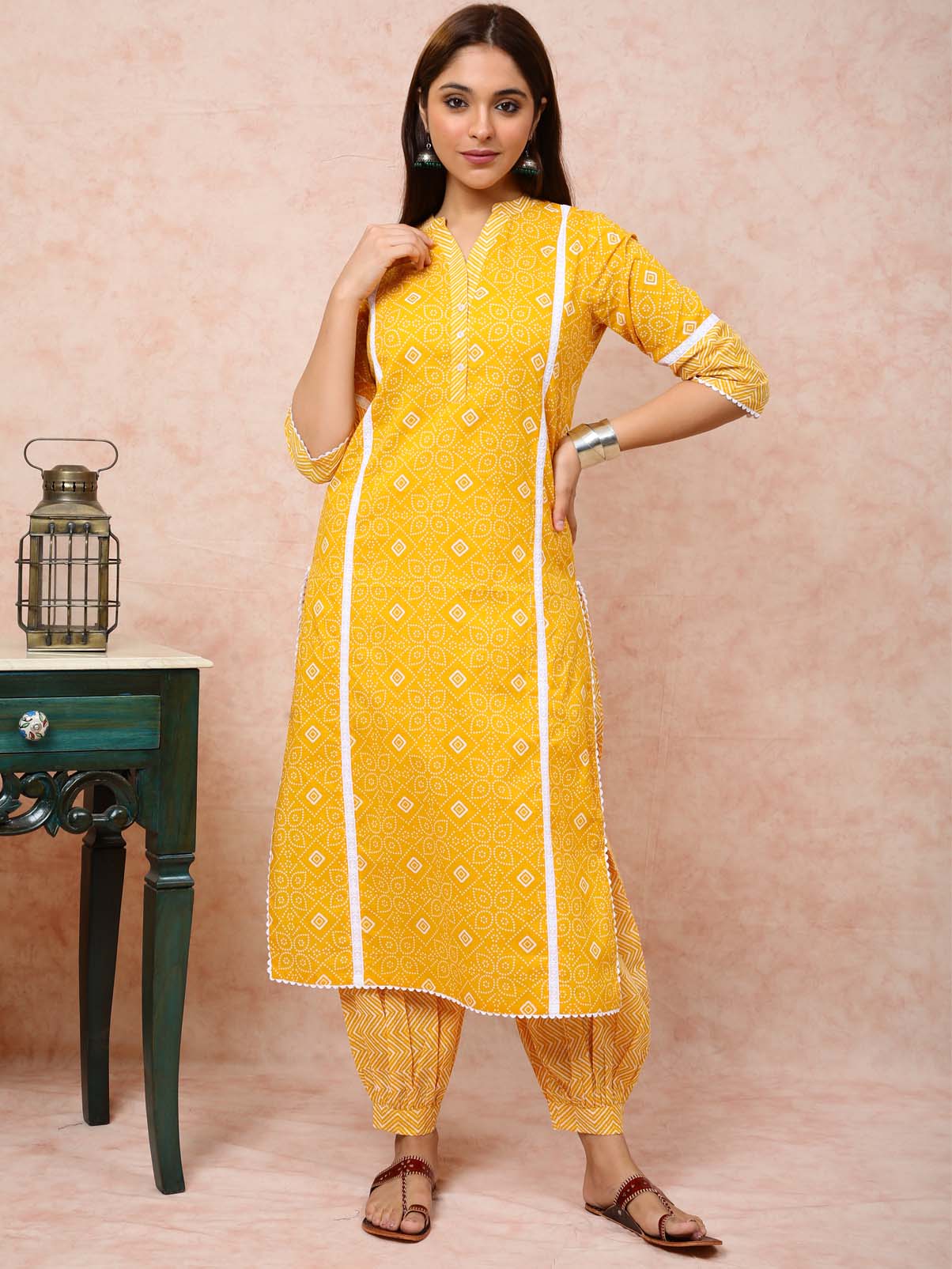 Bright Yellow Kurta With White Lace UCK22086