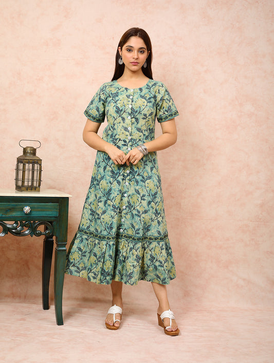 Green Printed Front Open Dress UCD22112