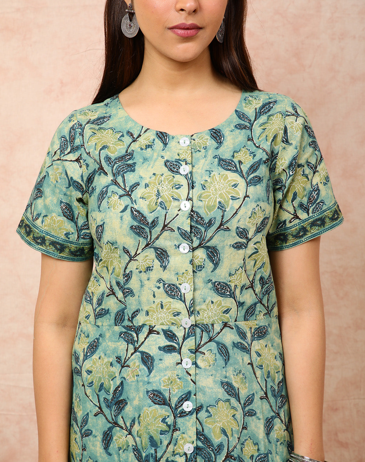 Green Printed Front Open Dress UCD22112